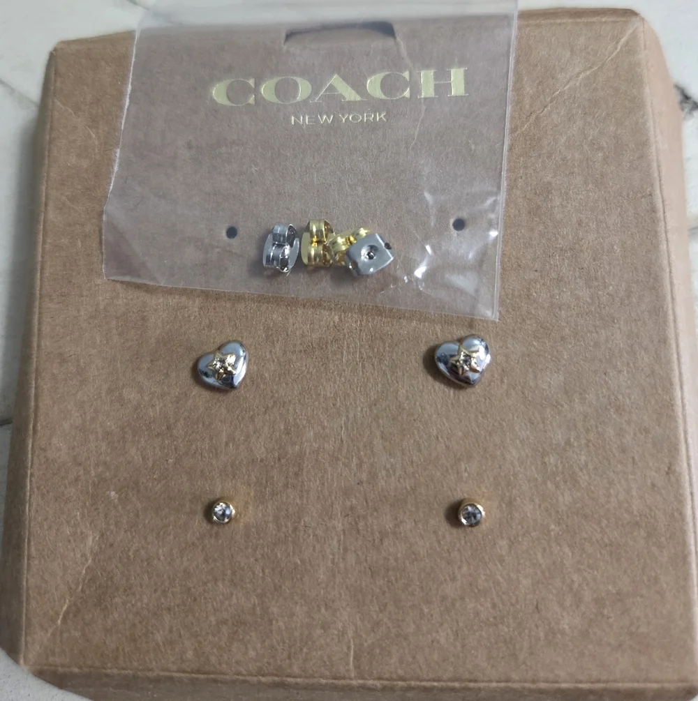 Coach Heart Stud Earrings Set - Gold & Silver W/ Accessories EUC - Picture 7 of 8